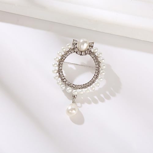 Elegant CZ Cubic Zirconia Round White Simulated Pearl Circle Brooch Pin for Women Wedding