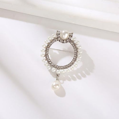 Elegant CZ Cubic Zirconia Round White Simulated Pearl Circle Brooch Pin for Women Wedding