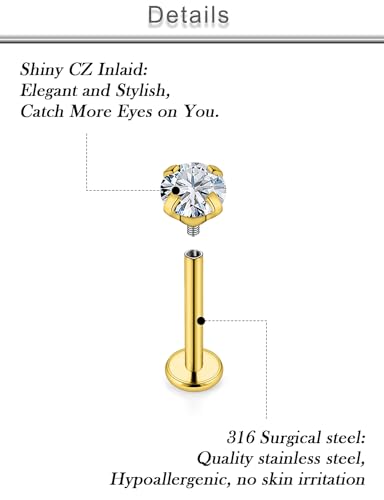 18G 16G 14G Lip Labret Medusa Nose Rings Studs Flat Back Earrings Internally Threaded 316L Surgical Steel Cartilage Tragus Helix Conch Earrings Piercing Jewelry for Women Men 6mm 8mm 10mm - color: 18G - Gold Tone-6/7/8mm Bar