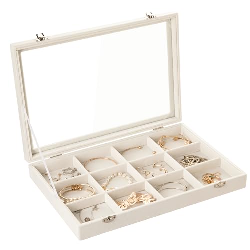 Frebeauty 12 Grid Bracelet Holder Box,Velvet Jewelry Tray with Clear Lid | Real Glass Lid,Bracelet Display,Jewelry Organizer for Bangle Brooch,Adjustable Divider,Dustproof Design,13.8×9.5Inches - color: Beige, size: 12 Grid