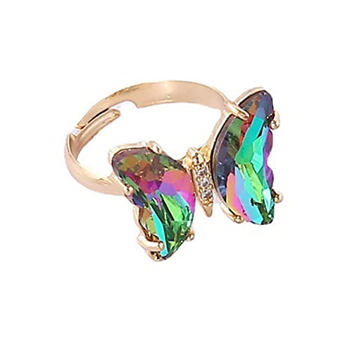 COLORFUL BLING Adjustable Elegant Transparent Crystal 3D Butterfly Rings for Women Aesthetic Gold Plated Cute Animal Insect Open Finger Cuff Ring Birthday Valentine Gifts - color: transparent colorful