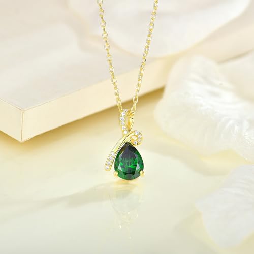 Infinity Birthstone Necklace for Women, Gold Plated Teardrop Cubic Zirconia Pendant, Created Gemstone Twist Necklace for Birthday, Her, Mom, Friend - color: Emerald-green-May