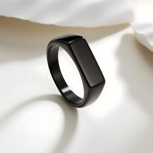 Mens Stainless Steel Plain Signet Rings 4/7/10/14MM Rectangular Pinky Rings | High Polish Classic Blank Thumb Rings, Everyday Comfit Wear, Gift for Men - color: Black07