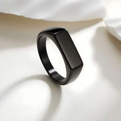 Mens Stainless Steel Plain Signet Rings 4/7/10/14MM Rectangular Pinky Rings | High Polish Classic Blank Thumb Rings, Everyday Comfit Wear, Gift for Men - color: Black07