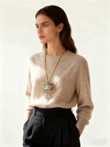 Vintage Exaggerated Sun God Face Pendant Necklace Lake Blue Crystal with Moon Star Details, Retro Metal Craft Jewelry for Women, Elegant for Daily Wear Special Occasions