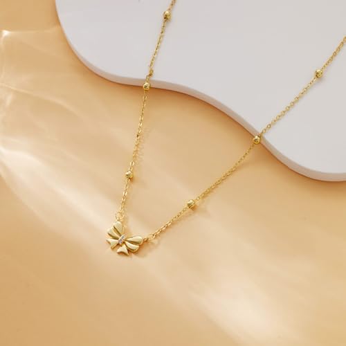 Thaivor Necklace for Women Dainty Bow Necklace 14K Gold Plated Cute Choker Small Pendant Charm Necklaces Teen Gift Trendy Stuff Personalized Jewelry Gifts - color: Gold-Bead-3