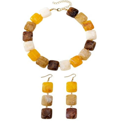 Retro Square Resin Beaded Jewelry Set Bohemia Vintage Adjustable Geometric Acrylic Beaded Choker Necklaces Dangle Earrings for Women Boho Trendy Wedding Party Statement Jewelry Gifts - style: StyleB