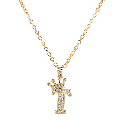 Pingyongchang Letter A-Z pendant necklace Crown letter pendant Charming initials chain necklace, inlaid crystal letter necklace - color: crown-T