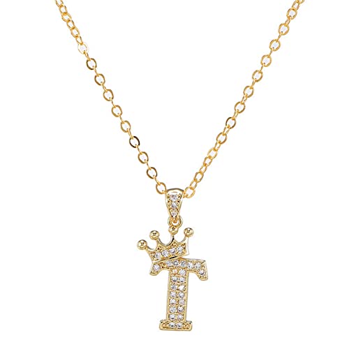 Pingyongchang Letter A-Z pendant necklace Crown letter pendant Charming initials chain necklace, inlaid crystal letter necklace - color: crown-T