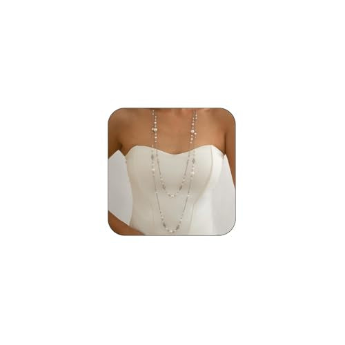 Long Chain Necklaces for Women Pearl Necklaces for Women Long Necklace Dainty Layered Pearl Necklace Statement Sweater Strand Chain Jewelry - color: Silver color