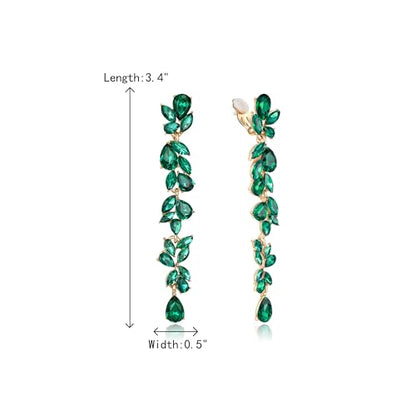 Crysdue Clip On Earrings for Women Rhinestone Crystal Teardrop Cluster Wedding Bridal Non Pierced Long Dangle Earring for Prom Party - color: Green Gold-Tone