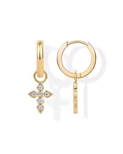 PAVOI 14K Gold Plated S925 Sterling Silver Post Lightweight Drop Dangle Huggie Hoop Earrings for Women | Star, Lock, Pearl, Cross, Lightening, Coin | Dainty Earrings - style: Cross