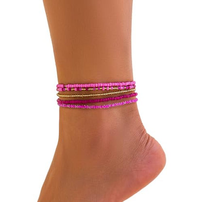 5Pcs Summer Beach Bead Anklet Bracelet,Multi-layered Pearl Anklets,Bikini Foot Chain Bracelet Wedding Bridal Adjustable Leg Bracelet Jewelry for Women Girls - style: Pink