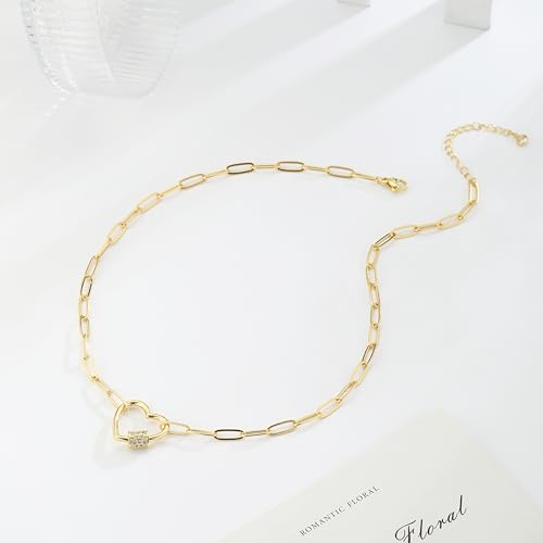 CAROVO 18K Gold Silver Plated Paperclip Chain Necklace for Women Delicate Love Heart Pendant Link Paperclip Chain Necklaces for Women - style: D: Heart CZ Necklace