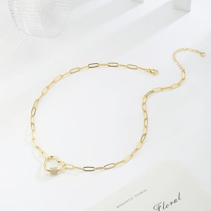 CAROVO 18K Gold Silver Plated Paperclip Chain Necklace for Women Delicate Love Heart Pendant Link Paperclip Chain Necklaces for Women - style: D: Heart CZ Necklace