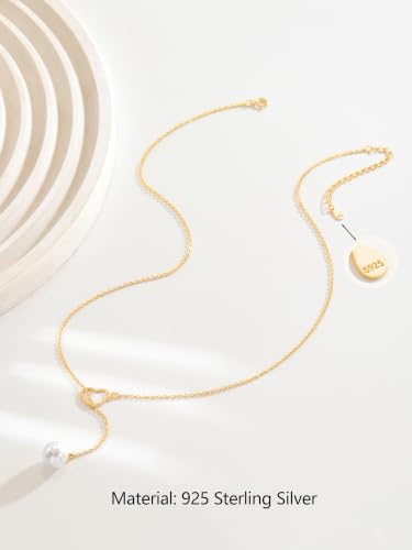 Heart Pearl Y Drop Lariat Long Necklace for Women | 925 Sterling Silver 14K Gold Plated Prom Wedding Bridal Necklace Cute Dainty Layered Dangle Necklace Summer Jewelry - color: Gold