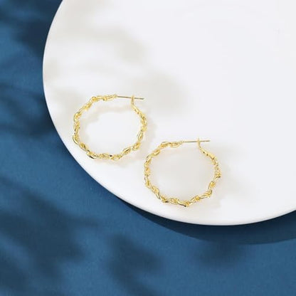 14K Gold Braided Texture Hoop Earring, 32/40mm Twist Rope Design Round Hoop Earrings for Women Gold Jewelry Gifts for women - style: Braided Earrings-32mm