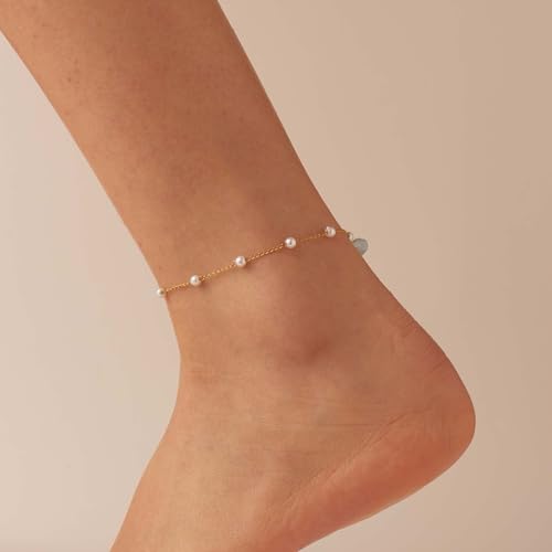 Anklets for Women, 18K Gold Plated Dainty Ankle Bracelets with Tennis, Pearl, Daisy, Lip, Snake Chain, Layered CZ Anklet Waterproof, Adjustable Boho Summer Beach Foot Jewelry - style: Pearl Anklet
