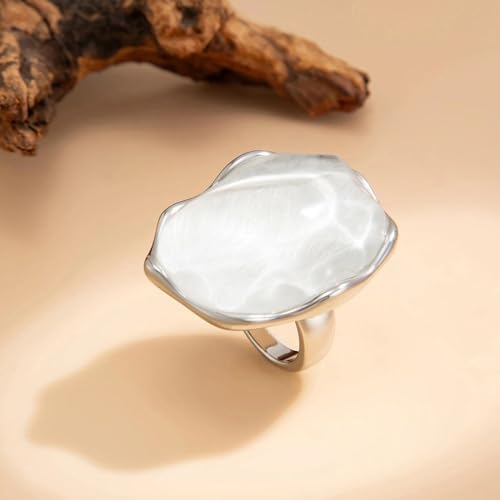 Large Silver Water Rippled Resin Knuckle Ring for Women, Adjustable Geometric Irregular Metal Ring Minimalist Statement Jewelry Cocktail Party Gifts - color: White