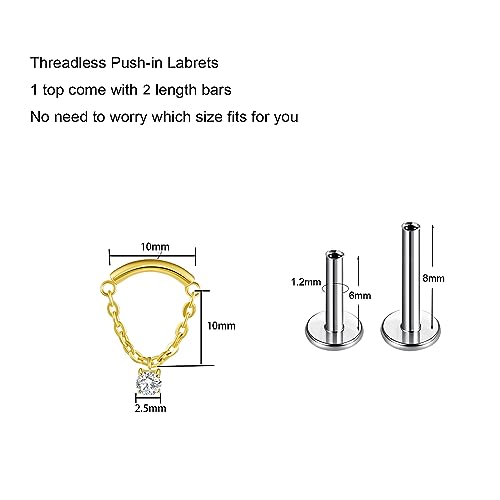 BelezaDosas G23 Titanium Labret Studs Threadless Push-in Labret Press Fit 16G Cluster Helix Lobe Conch Tragus Push Back Piercing Jewelry - style: gold chain CZ