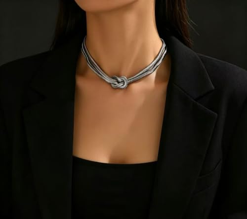 Silver Tone Double Chain Snake Knot Choker Necklace for Women, Adjustable Mesh Layered Jewelry Set - color: golden