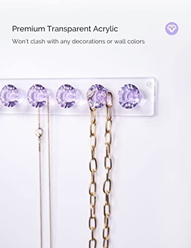 Necklace Holder Wall Mounted Necklace Hanger Hanging Necklace Organizer | Acrylic Jewelry Hanger with 12 Hooks, Jewelry Hooks for Necklaces/Bracelets, Jewelry Wall Organizer - color: Purple – 2Pack