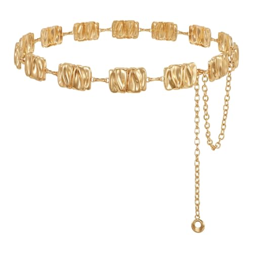 WHIPPY Metal Waist Chain Belt Women Adjustable Body Link Belts Ladies Fashion Chain for Jeans Dress - color: Gold, size: S: Fit for Waist up to 28", style: Ripple Cube