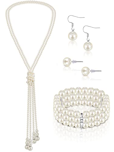 Glenmal Pearl Rhinestone Jewelry Set for Women Pearl Necklace Bracelet Earrings for Wedding Halloween Bridal Shower Tea Party - style: Vintage Style