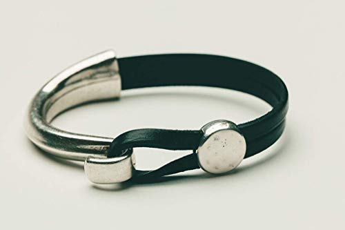 Designed By Stacey Handmade Genuine Black Leather Cuff, Unique Stackable Bangle Bracelet, Hammered Silvertone Metal Jewelry, Gifts for Women, Birthday, Anniversary, Mother's Day