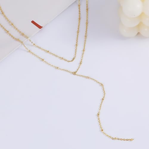 Foxgirl Long Gold Necklace for Women- Dainty 14k Gold Plated Drop Lariat Necklace Layered Simple CZ Y-Shaped Body Chain Stack Wedding Necklace Trendy - color: layer chain