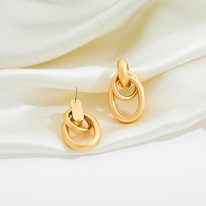 Gold Chunky Earrings for Women Geometric Knot Link Drop Dangle Earrings 14K Gold Plated Statement Earrings Trendy Gold Jewelry - color: Style 1-Matte Gold