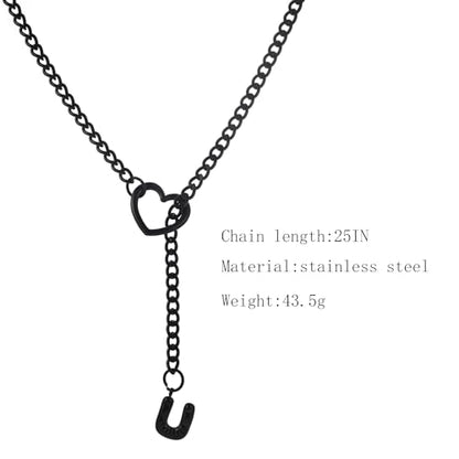 sroyte Black Heart Slip Chain Initial Necklaces for Women,Stainless Steel O-Ring Adjustable Lariat Heart Y-Necklace,Punk Gothic Cuban Collar Choker Necklace for women - color: Black U