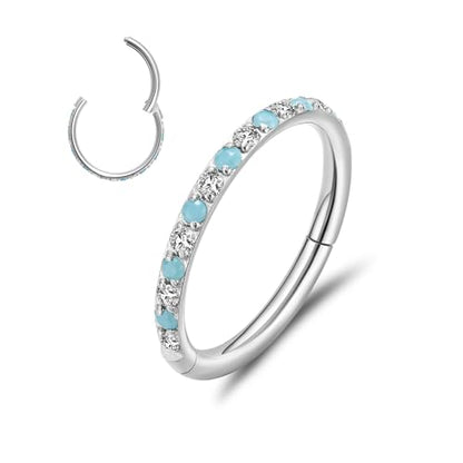 MissNity 20G, 18G, 16G, 14G Hinged Nose Rings Hoop with Gem in 316L Surgical Steel, Septum Clicker Cartilage Earrings Conch Daith Helix Rook Ear Lobe Piercing Jewelry, Diameter 6mm to 12mm - color: 12: Steel - Clear Cz + Turquoise