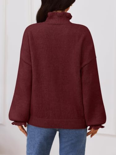 MEROKEETY Women's Fall Trendy Chunky Knit Cardigan Casual Ruffle Sweaters | Button Down, Long Sleeve, Cute Ruffle Collar, Mock Neck, Fashion Cozy Knit Sweater, Dressy Casual Winter Outerwear Clothes - color: Burgundy, size: Small