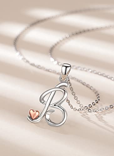CELESTIA 925 Sterling Silver Initial Necklaces 26 Letter with Rose Gold Heart - 18 Inch Chain - color: B-Initial