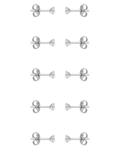5/10 Pairs Silver Gold Small Stud Earrings Set Surgical for Women | 2 mm 0.08" Cubic Zirconia, 14K Gold Plated 316L Stainless Steel, Hypoallergenic, CZ Multiple Piercing Earring - color: Silver-5 pair/2mm