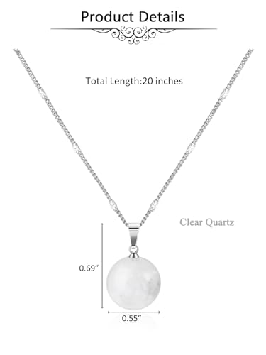 Jovivi Amethyst Obsidian Healing Crystals Ball Necklace for Women Men | 14mm Natural Stone Round Ball Bead Necklace Handmade Gemstone Pendant Protection Crystals Birthstone Jewelry - color: Clear Quartz