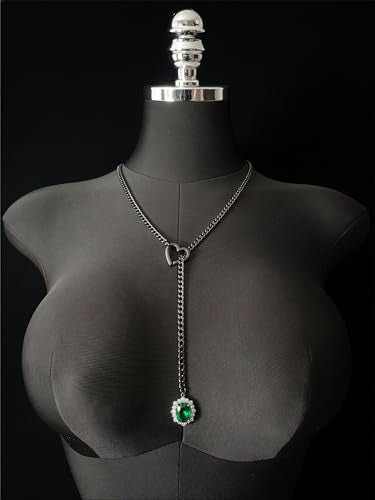 Women's Heart O-Ring Slip Chain Necklace, Double Layered Adjustable 39'' Cuban Chain with Detachable Heart Clasp and Colorful Rhinestone Pendant - color: 25'' Black-Emerald Green