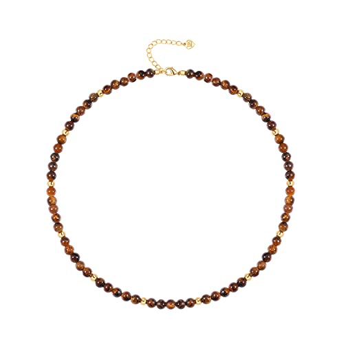 PEARLADA Turquoise Beaded Choker Necklace Chakra Stone Necklace Adjustable - color: Tiger Eye Beads 4mm