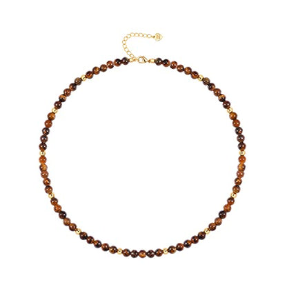 PEARLADA Turquoise Beaded Choker Necklace Chakra Stone Necklace Adjustable - color: Tiger Eye Beads 4mm