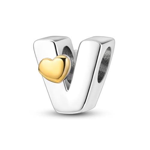 925 Sterling Silver Letter Charms A-Z for Bracelet Necklace Alphabet Bead | Heart letter A B C D G J charm initial gold Pendant beads Jewelry Gift for Women - color: Letter V
