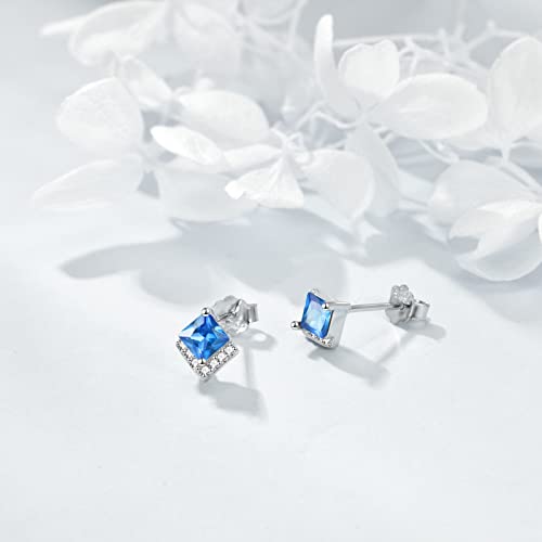 Birthstone Stud Earrings Sterling Silver Square Created Crystal Earrings Cubic Zirconia Hypoallergenic Piercing Jewelry Small Gifts for Women Mothers - color: Dec-Topaz