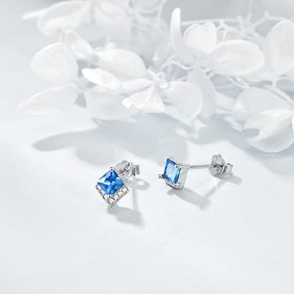 Birthstone Stud Earrings Sterling Silver Square Created Crystal Earrings Cubic Zirconia Hypoallergenic Piercing Jewelry Small Gifts for Women Mothers - color: Dec-Topaz