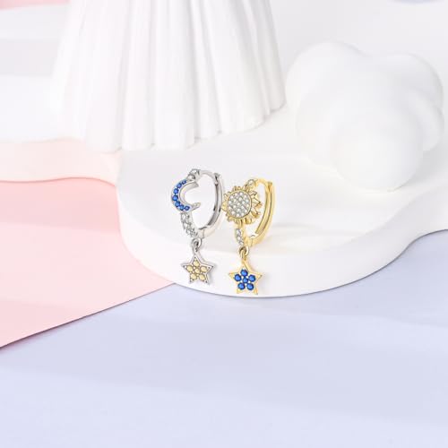 14k Gold Plated Star Moon Sun Huggies Hoops Earrings for Woman | 925 Sterling Silver Cubic Zirconia Twisted Cross Hoop Post Chunky Small Tiny cuff Earring Gift for Her - color: star moon sun earring