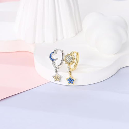 14k Gold Plated Star Moon Sun Huggies Hoops Earrings for Woman | 925 Sterling Silver Cubic Zirconia Twisted Cross Hoop Post Chunky Small Tiny cuff Earring Gift for Her - color: star moon sun earring