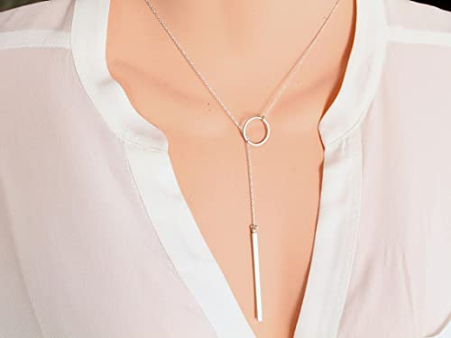 itianxi Gold Tiny Y Shaped Dainty Necklace 18K Gold Plated Cute Bar Vertical Lariat Necklace for Women - color: circle silver