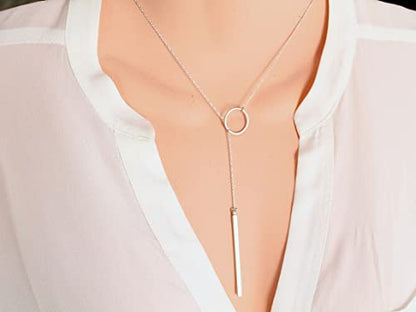 itianxi Gold Tiny Y Shaped Dainty Necklace 18K Gold Plated Cute Bar Vertical Lariat Necklace for Women - color: circle silver