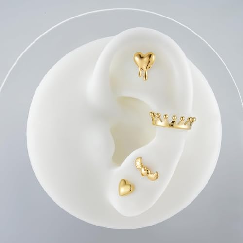 ASTM F136 Titanium Halloween Piercing Jewelry 16G 6mm 8mm, Cartilage Flatback Earring Stud for Helix Conch, Hypoallergenic, Nickel free - color: Molten Heart - Gold