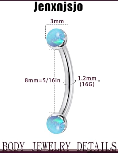 Jenxnjsjo F136 Titanium 16g 6/8/10mm Opal Eyebrow/Rook/Snug/Vertical-Labret/VCH/Snake-Eyes/Anti-Tragus/Christina/Daith/Belly-Button/Bridge/Hood/Surface Curved Barbell Piercing Jewelry for Women Men - color: Blue Opal, size: 8mm