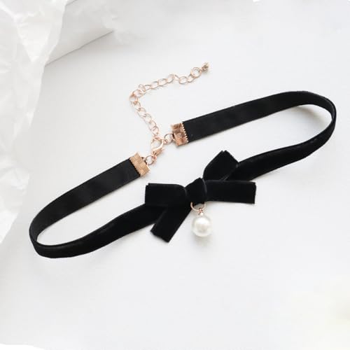 Bow Necklace for Women Dainty Velvet Ribbon Choker Necklaces Red Black Bow Choker Pearl Bell Heart Pendant Necklace Winter Holiday Necklace Cute Bow Knot Necklace for Christmas New Year Gifts - color: Black+pearl